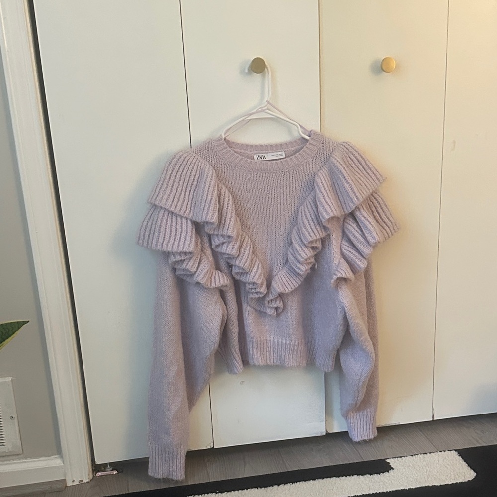 Zara Lilac Ruffle-Front Crewneck Sweater